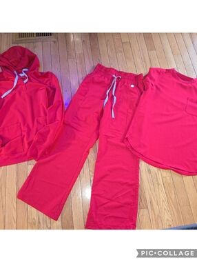 True Red Scrub Set - Top, Hoodie & Wide Leg Pants Small Petite RESURGE